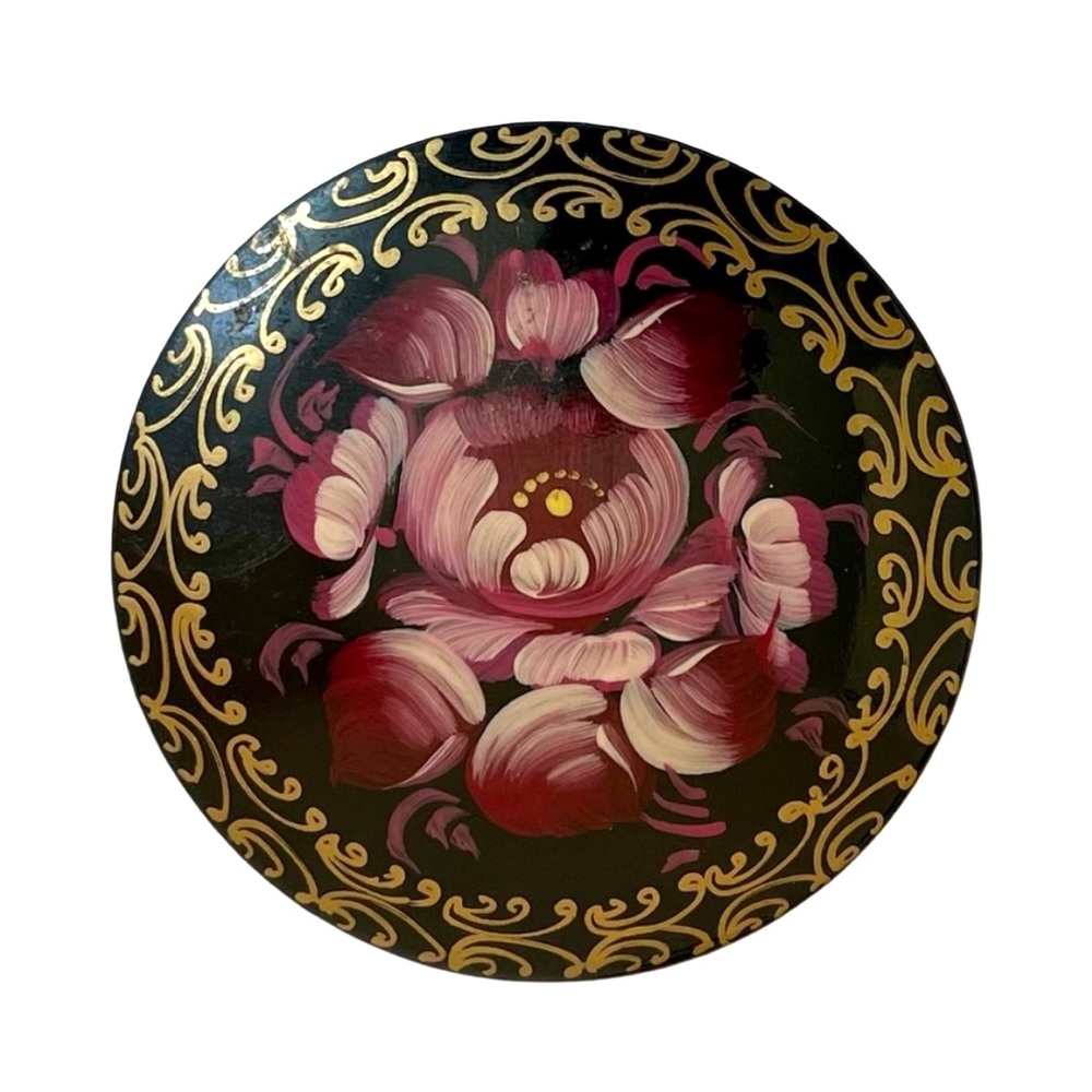 Vintage Signed Russian Floral Hand-Painted Wood Brooch - Picture 1 of 5